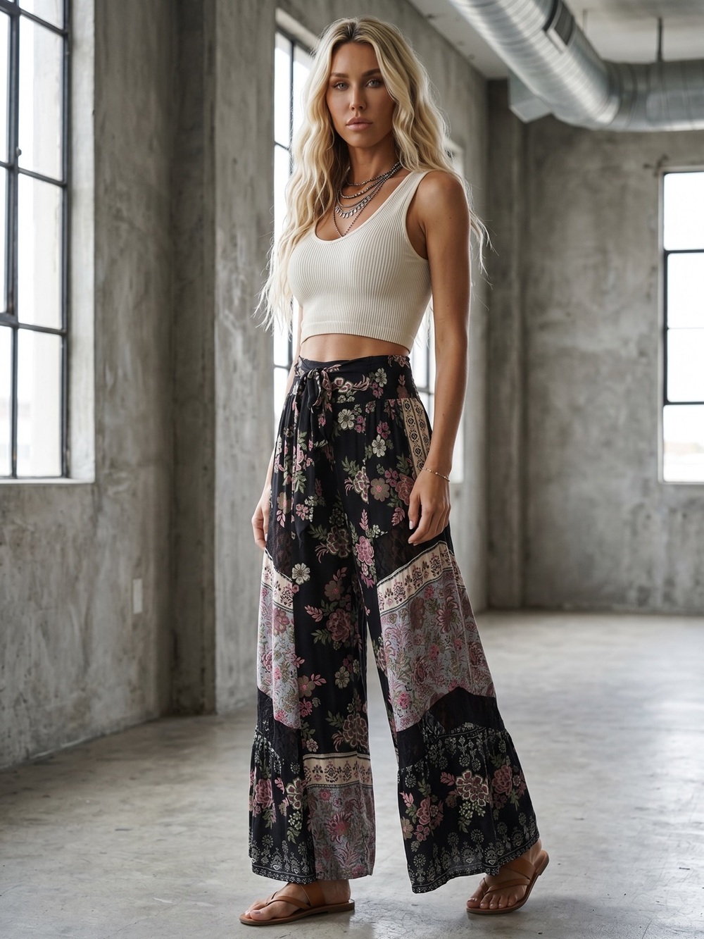 NWT Angie Boho Festival Floral Print Crochet Lace Detail Wide Leg Pants